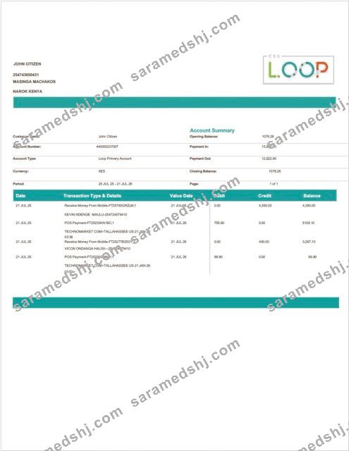 Kenya Loop Bank account statement Word and PDF template